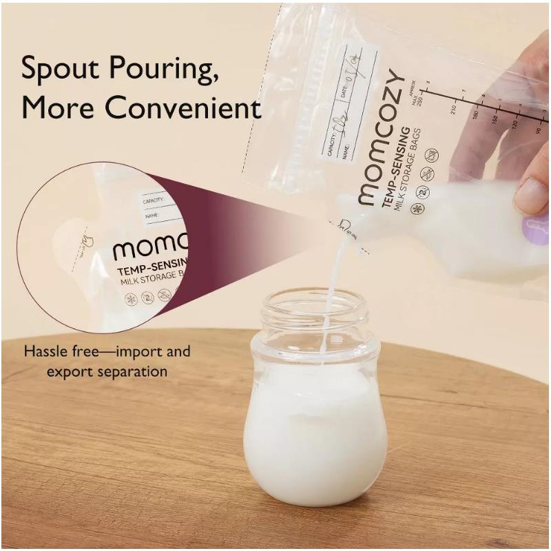 Temp-sensing breastmilk storage bag from Momcozy pouring milk into a glass jar, highlighting convenience and ease of use.