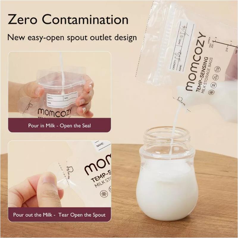 Momcozy Temp-Sensing Breastmilk Storage Bag, 8oz, demonstrating easy-open spout design for pouring milk into a container.