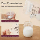 Momcozy Temp-Sensing Breastmilk Storage Bag, 8oz, demonstrating easy-open spout design for pouring milk into a container.