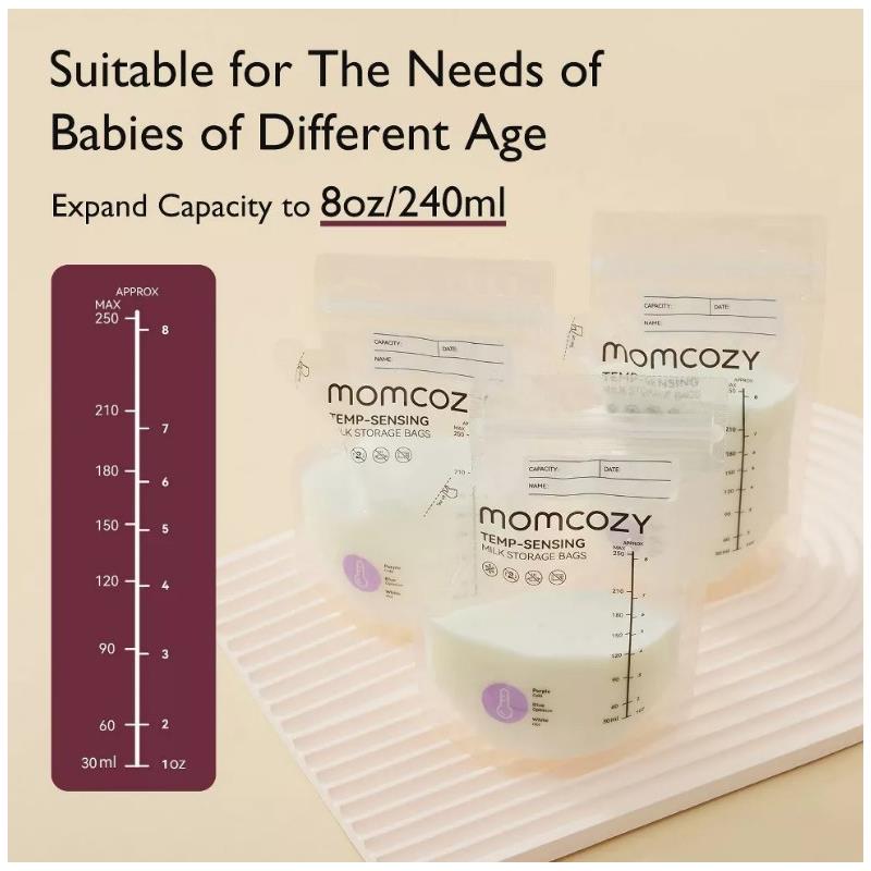Momcozy temp-sensing breastmilk storage bags, 8oz capacity, with measuring scale and clear labeling for milk storage.