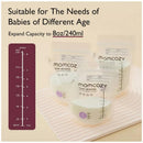 Momcozy temp-sensing breastmilk storage bags, 8oz capacity, with measuring scale and clear labeling for milk storage.