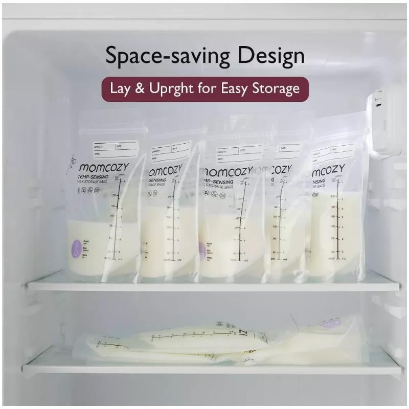 Momcozy Temp-Sensing breastmilk storage bags displayed in a refrigerator, highlighting their space-saving design and capacity.