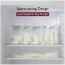 Momcozy Temp-Sensing breastmilk storage bags displayed in a refrigerator, highlighting their space-saving design and capacity.