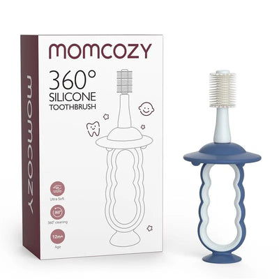 Momcozy 360° silicone toothbrush in blue, designed for children 12 months and older, featuring ultra-soft bristles.
