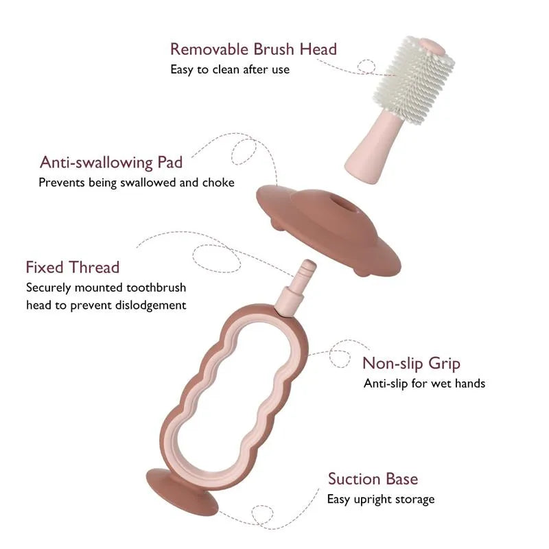 Momcozy blue toothbrush with removable brush head, anti-swallowing pad, non-slip grip, and suction base for easy storage.
