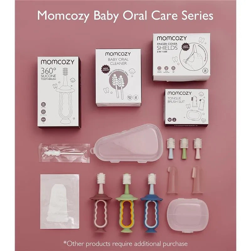 Momcozy Baby Oral Care Series featuring a blue 360° silicone toothbrush, baby oral cleaner, finger cover shields, and tongue brush suit.