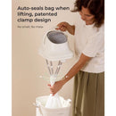 Momcozy Triple-Seal Diaper Pail demonstrating auto-sealing mechanism with a woman lifting the bag, preventing odors and mess.