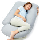 U-shaped pregnancy pillow in a light gray fabric, with a woman comfortably asleep while hugging it.