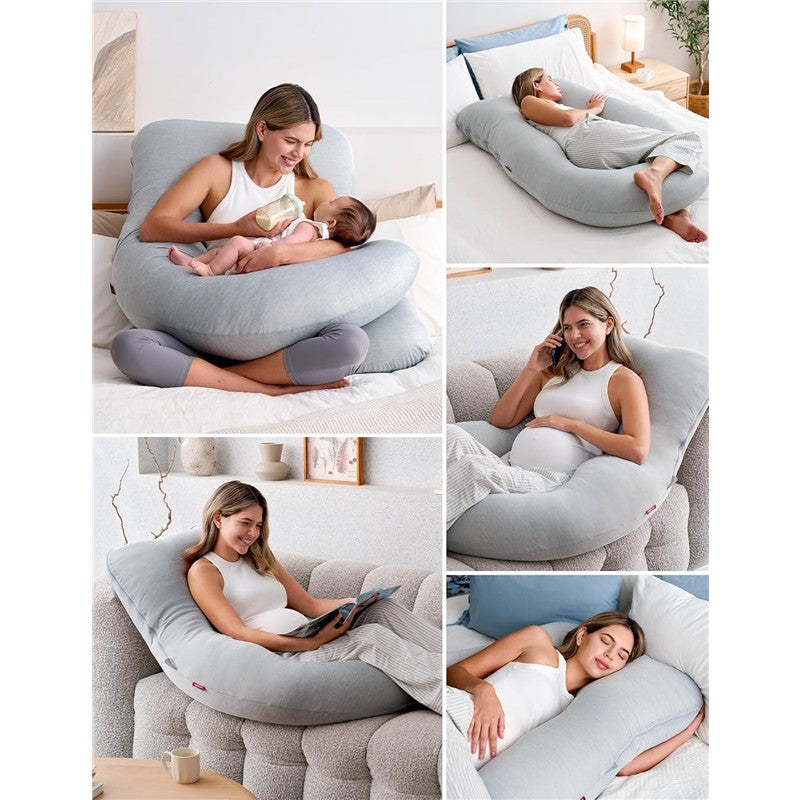 U-Shaped cooling pregnancy pillow, shown in various uses, providing support for nursing, reading, and relaxation.