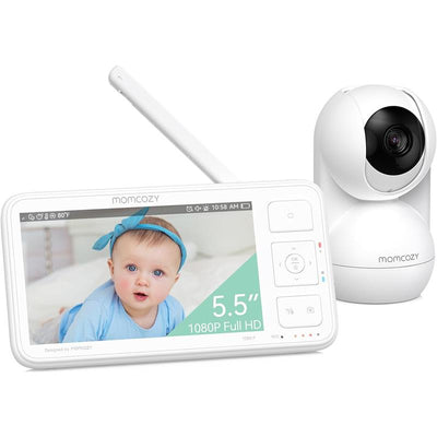 Momcozy video baby monitor features a 5.5” 1080P HD screen displaying an infant and a white camera unit, no WiFi required.