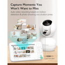 Video baby monitor with a 5.5” display, showing captured images of babies and features like motion detection and a 32GB SD card.
