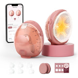 Momcozy Wellness 1 Warm-Massage Breast Pump in pink, with smartphone app display and accompanying components like suction cups.