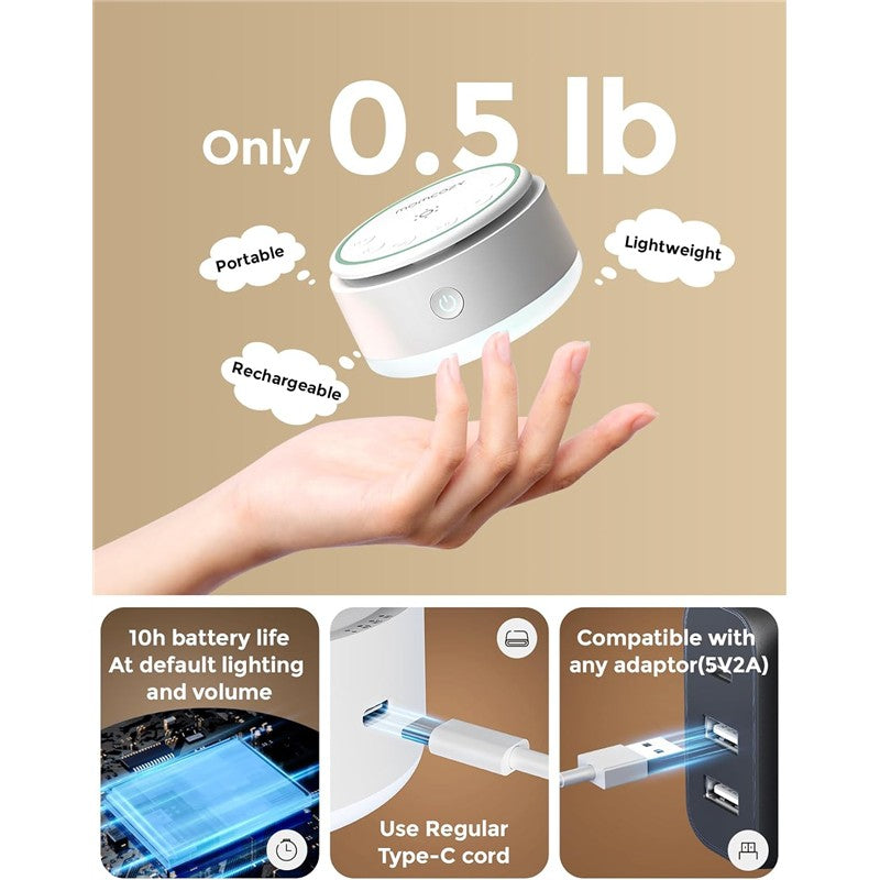 Momcozy White Noise Machine in hand, highlighting its portability, lightweight design, and rechargeability features.