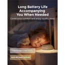 Momcozy White Noise Machine on a bedside table with a sleeping child, displaying features like long battery life and auto-off timer.