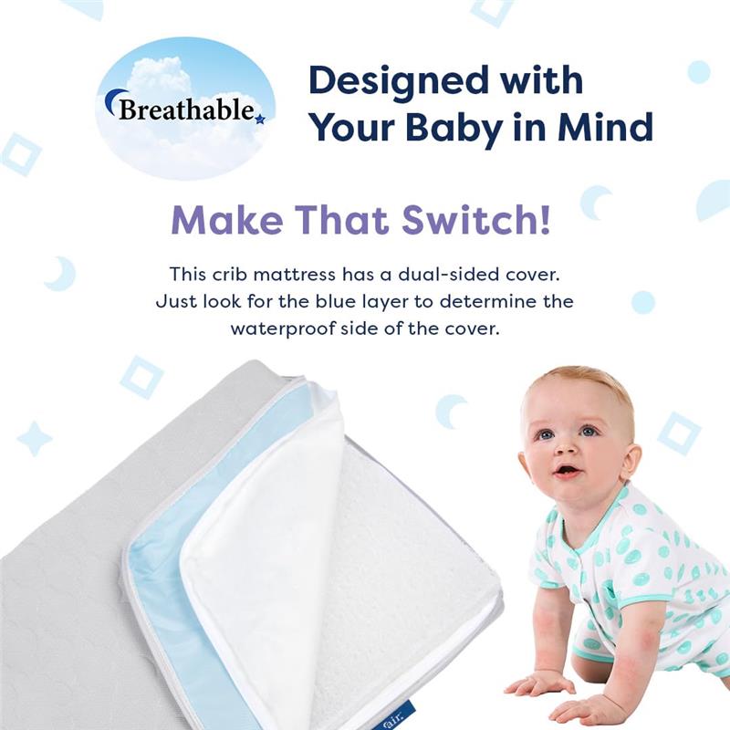 Crib mattress with dual-sided cover, featuring a blue waterproof side, beside an infant playing and smiling.