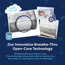 Moonlight Baby Air Crib Mattress features breathable open-core technology, highlighted alongside a crib and a sleeping baby.