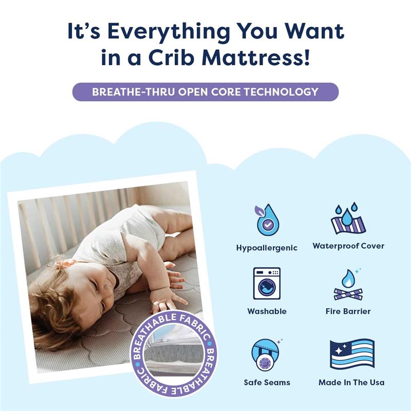 Moonlight Baby Air Crib Mattress featuring a baby resting on it, highlighted benefits include hypoallergenic, waterproof cover, and washable.