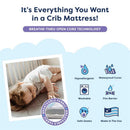 Moonlight Baby Air Crib Mattress featuring a baby resting on it, highlighted benefits include hypoallergenic, waterproof cover, and washable.