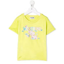 Lime green Moschino Baby dress featuring a colorful elephant graphic and floral accents.