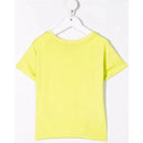 Lime green girl’s dress by Moschino Baby, featuring a simple design, displayed on a hanger against a white background.