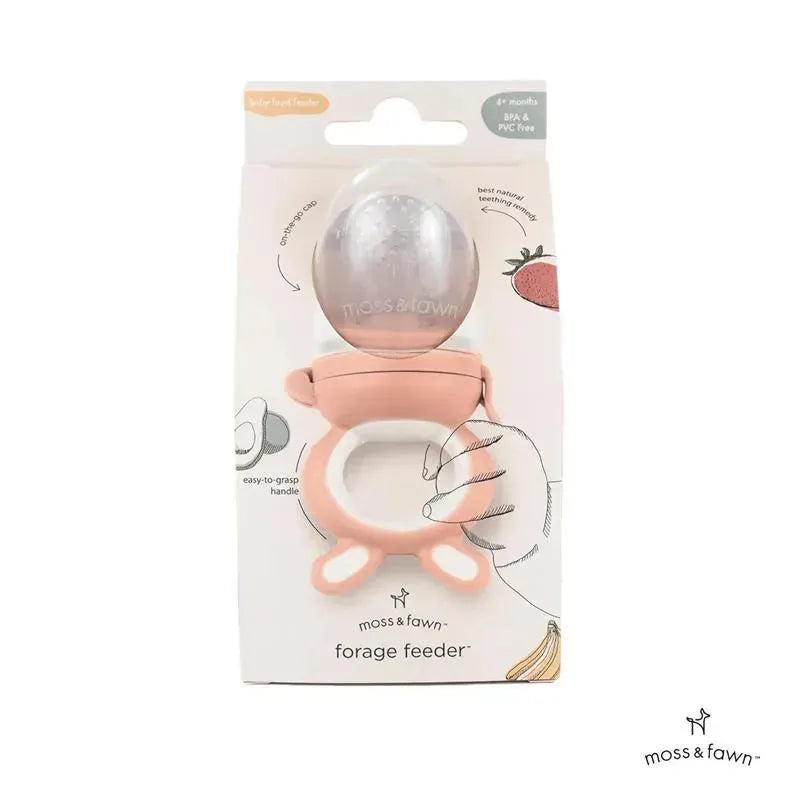 Silicone forage feeder by Moss & Fawn, designed for teething infants, featuring an easy-to-grasp handle and vibrant packaging.