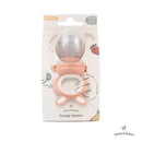Silicone forage feeder by Moss & Fawn, designed for teething infants, featuring an easy-to-grasp handle and vibrant packaging.