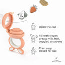 Moss & Fawn Forage Feeder, a silicone baby food teething toy, shows open cap, instructions for filling with frozen food.