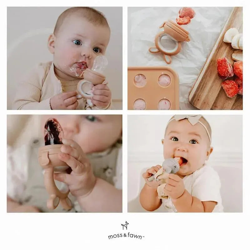 Soothing silicone teething toy for babies, featuring a forage feeder design with fruit and a child using it.