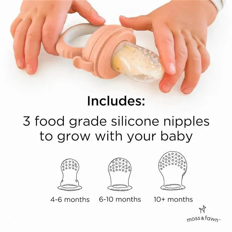 Moss & Fawn Forage Feeder, a silicone teething toy, with a feeding nipple and three sizes for different baby stages shown below.