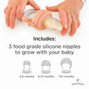 Moss & Fawn Forage Feeder, a silicone teething toy, with a feeding nipple and three sizes for different baby stages shown below.