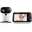 Motorola 5 Motorized Video Baby Monitor with camera, featuring a display showing an asleep baby and a sleek black and white design.
