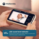 Motorola 5 Motorized Video Baby Monitor displays a sleeping baby, highlighting the LED sound level indicator feature.