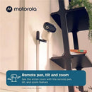 Motorola 5 Motorized Video Baby Monitor mounted on a wall, featuring pan, tilt, and zoom functionality.
