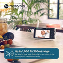 Motorola 5 Motorized Video Baby Monitor displaying a baby on its screen, with a range of up to 1,000 ft.