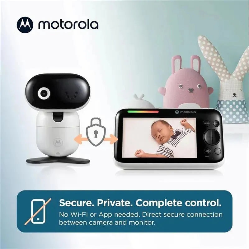 Motorola 5 Motorized Video Baby Monitor with camera displays a sleeping baby on the monitor, highlighting secure connection features.
