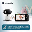 Motorola 5 Motorized Video Baby Monitor with camera displays a sleeping baby on the monitor, highlighting secure connection features.
