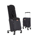 A silver wheeled travel suitcase with an attached black seatback, designed for a child, displayed in two configurations.