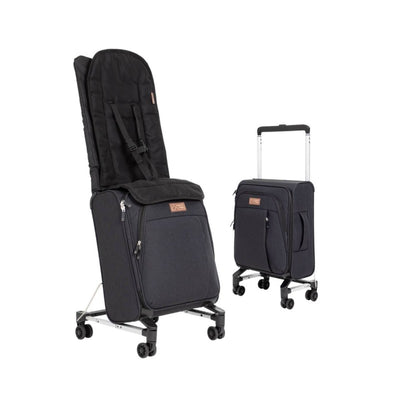 A silver wheeled travel suitcase with an attached black seatback, designed for a child, displayed in two configurations.