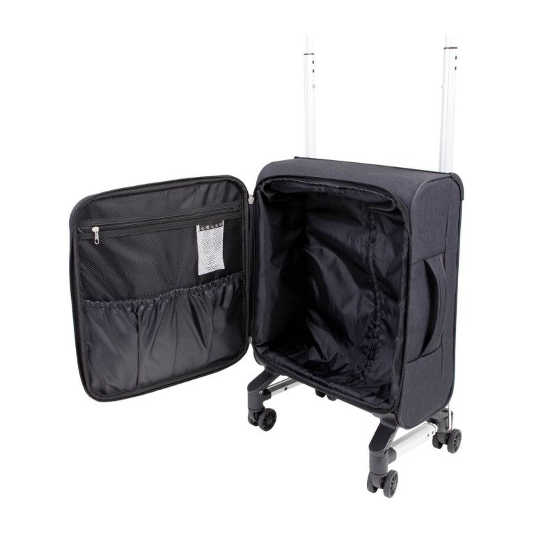 Luxury compact suitcase with an interior divider and pockets, designed for easy mobility on four wheels.