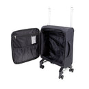 Luxury compact suitcase with an interior divider and pockets, designed for easy mobility on four wheels.