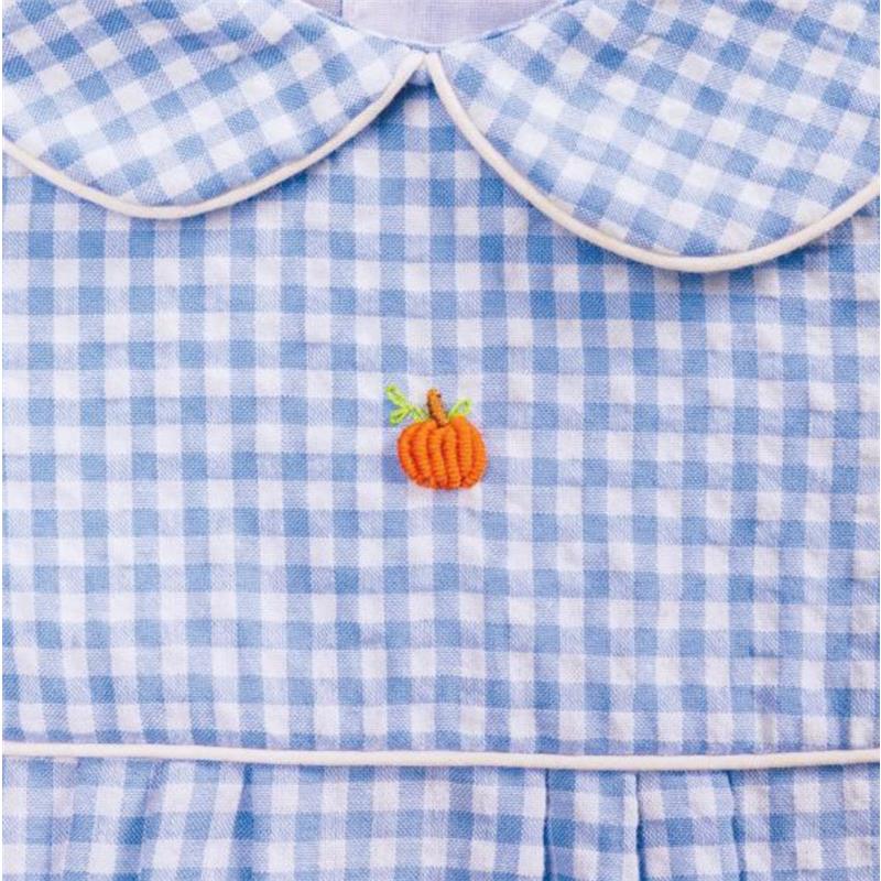 Baby blue gingham bubble dress featuring an orange embroidered pumpkin at the center and a classic collar.