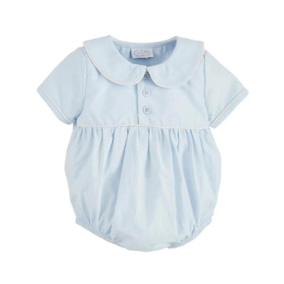 Blue poplin bubble outfit for baby boys featuring a Peter Pan collar and button front. Soft, lightweight fabric.