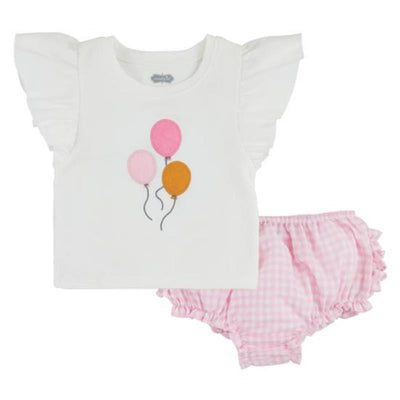 Baby girl pinafore set featuring a white top with colorful balloon embroidery and ruffled sleeves, paired with pink gingham bloomers.