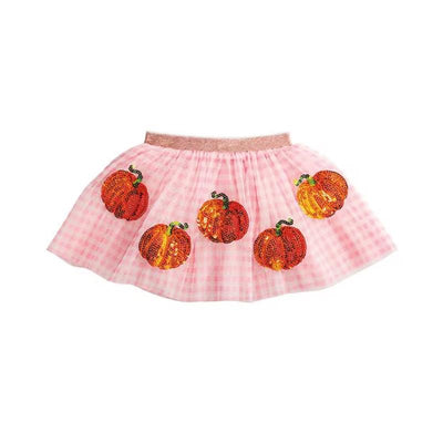 Baby girl tutu featuring sequin pumpkins on a pink gingham skirt with a metallic waistband.