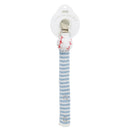 Crochet pacifier strap featuring a baseball-shaped holder and blue and white striped fabric.