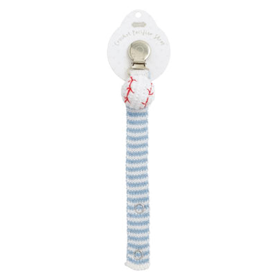 Crochet pacifier strap featuring a baseball-shaped holder and blue and white striped fabric.