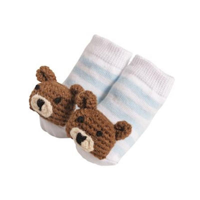 Crochet rattle toe socks for infants, featuring a cute bear design with brown ears and striped blue and white fabric.