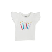 White birthday tee with colorful candle embroidery and ruffled sleeves, designed for girls.