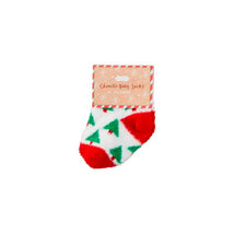 Chenille baby socks in white with red and green Christmas tree patterns; packaged with a decorative label.