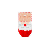 Christmas-themed chenille baby socks designed like Santa, featuring a red and white color scheme and playful facial details.